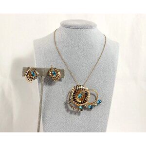 Mid Century Prong Set Rhinestone Blue and Clear Brooch/Pendant Earring Set